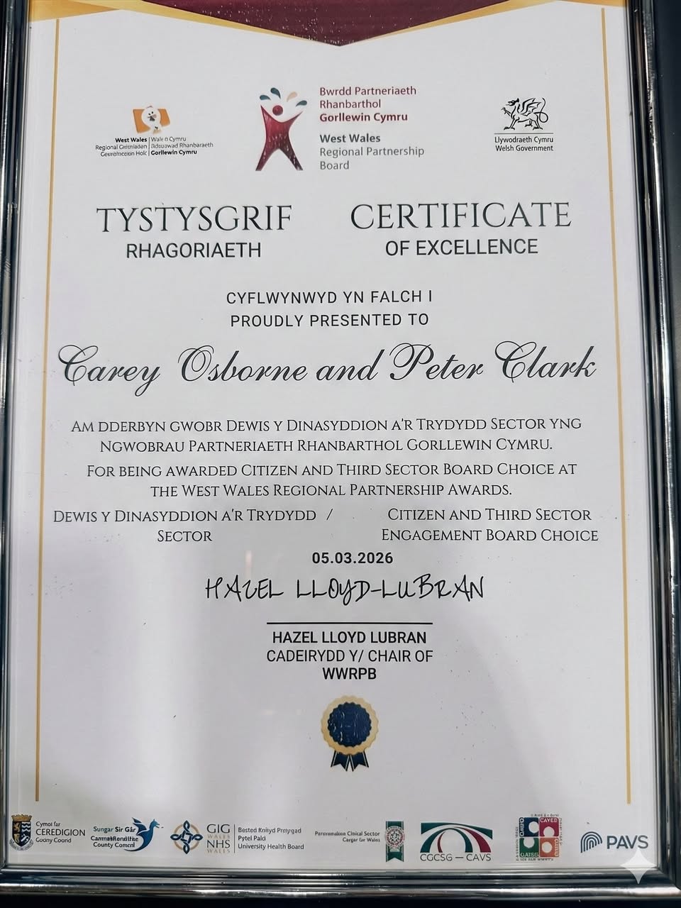 Lemon+Aid is the joint West Wales Regional Partnership Board CERTIFICATE OF EXCELLENCE 2026