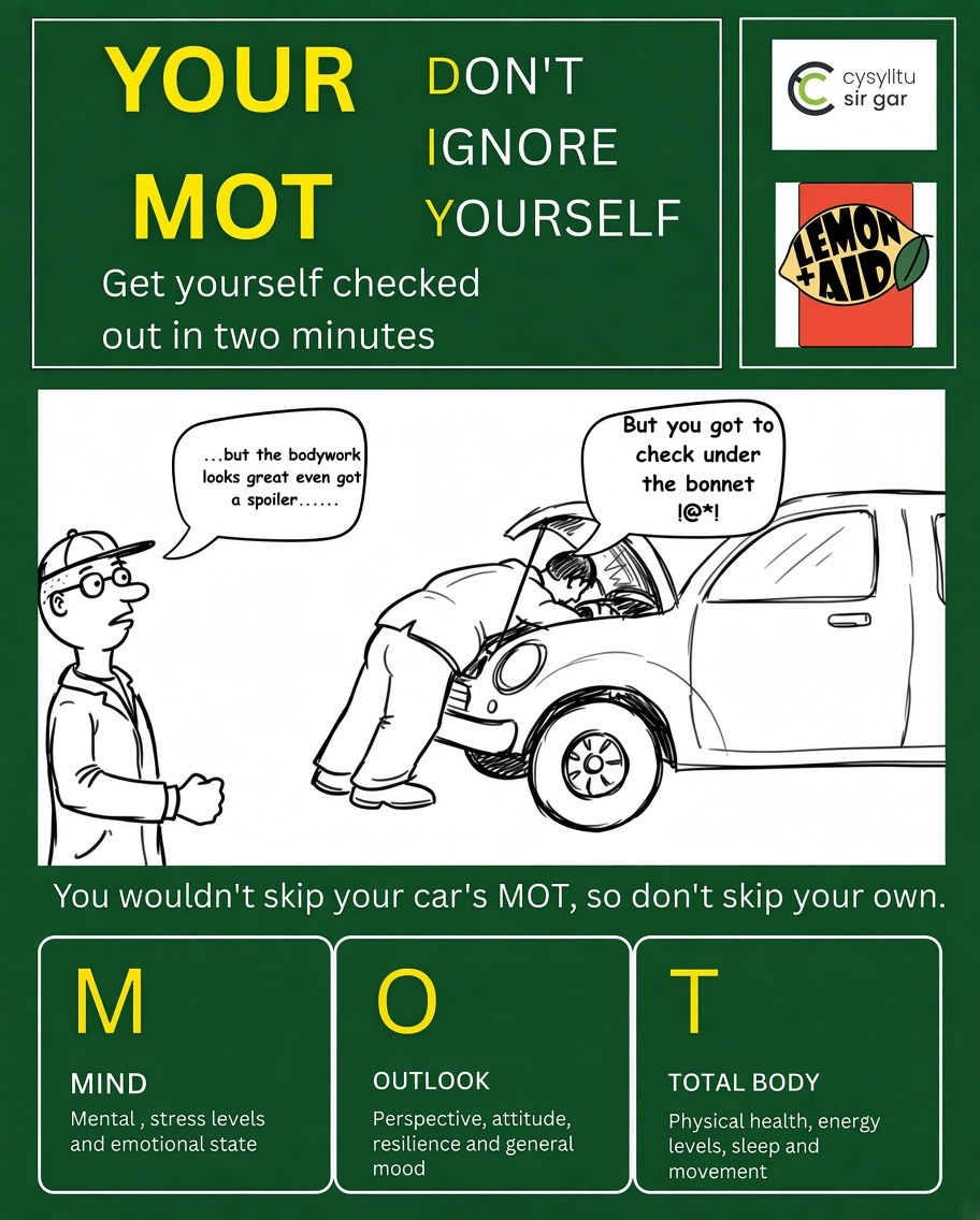 Your MOT poster: Don't ignore yourself. Get yourself checked out in two minutes. Mind, Outlook, Total body.